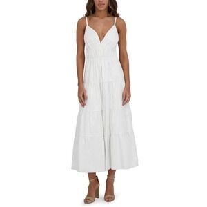 Siena Womens White Tiered Midi Dress V-Neck Cotton Blend Size 14 NEW SAUC2542